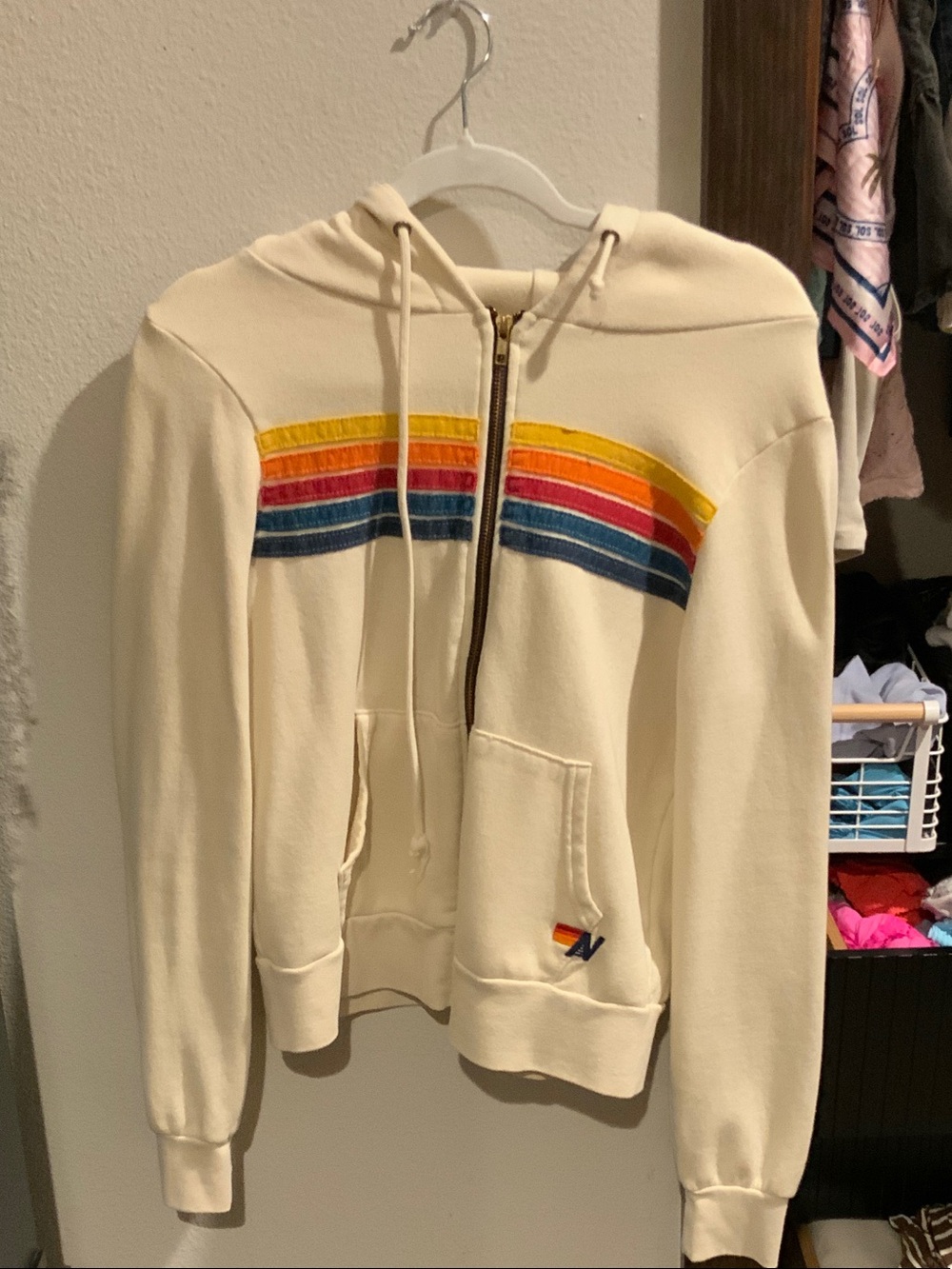Aviator Nation Cream Zip Hoodie with Rainbow Chest Stripes